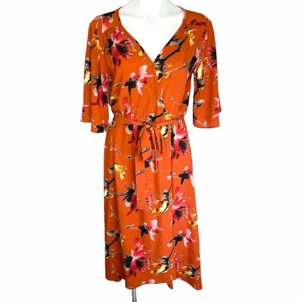 One Story Orange Floral Wrap Midi Dress Size M Made in USA Belted